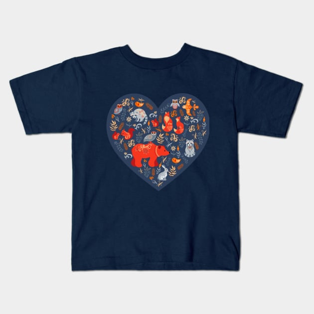 Forest animals and birds on the background of the heart. Kids T-Shirt by Irina Skaska